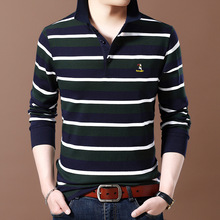 啄木鸟长袖T恤男纯棉春秋季男士宽松翻领高端横条纹体恤