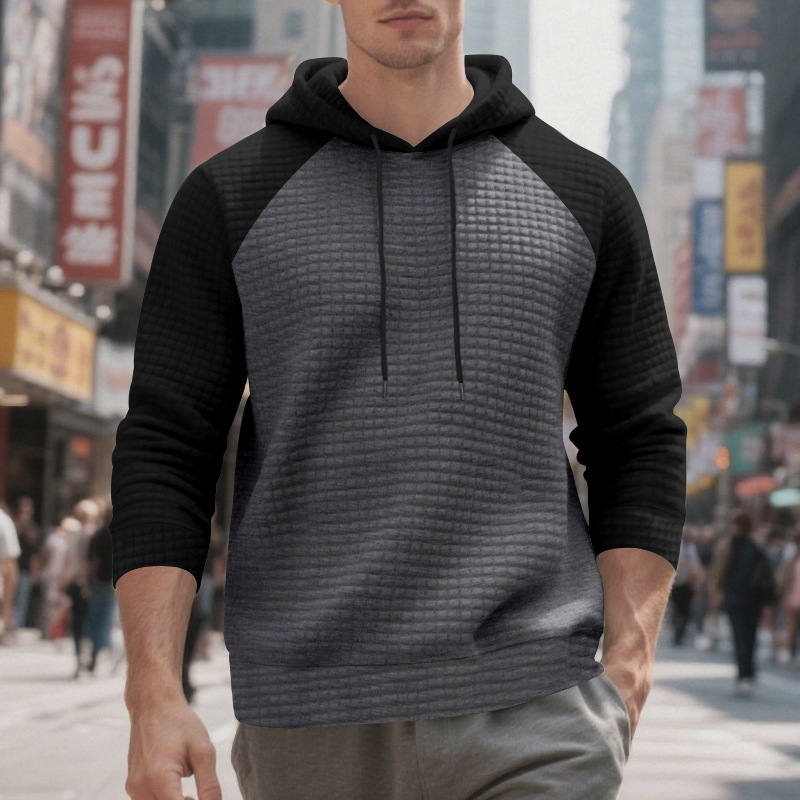 Schweres Kapuzensweatshirt mit Farbblockdesign für Herren, lockere Passform, Pullover mit Kordelzug für lässige Streetwear (Schwarz/Grau, Armeegrün/Beige)_voghion.com