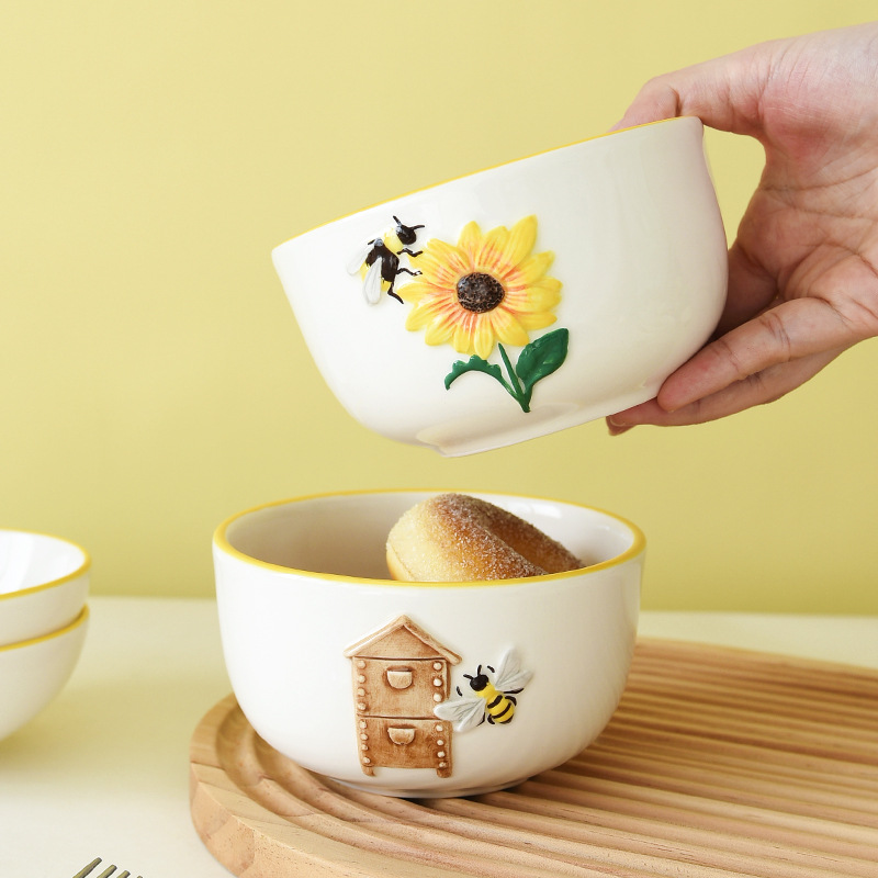 Bee encantador elfo de primavera tazón de cerámica tazón de arroz creativo en relieve tazón de fideos tazón de sopa tazón de ensalada tazón de estilo occidental cubiertos