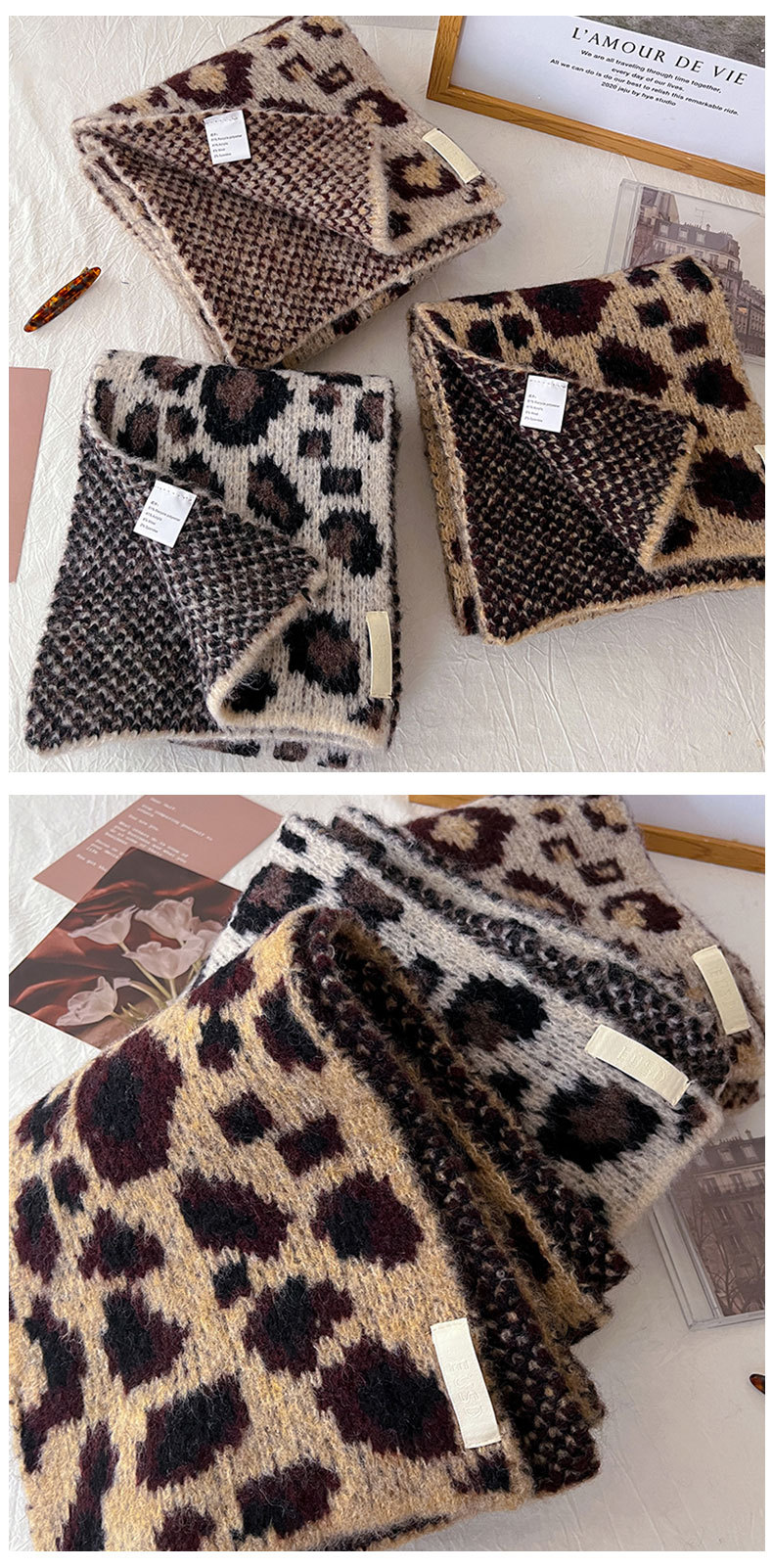 Écharpe tricotée à imprimé léopard classique et tendance pour femme, style millénaire, style Spice Girl, polyvalente, décorative et chaude_voghion.com