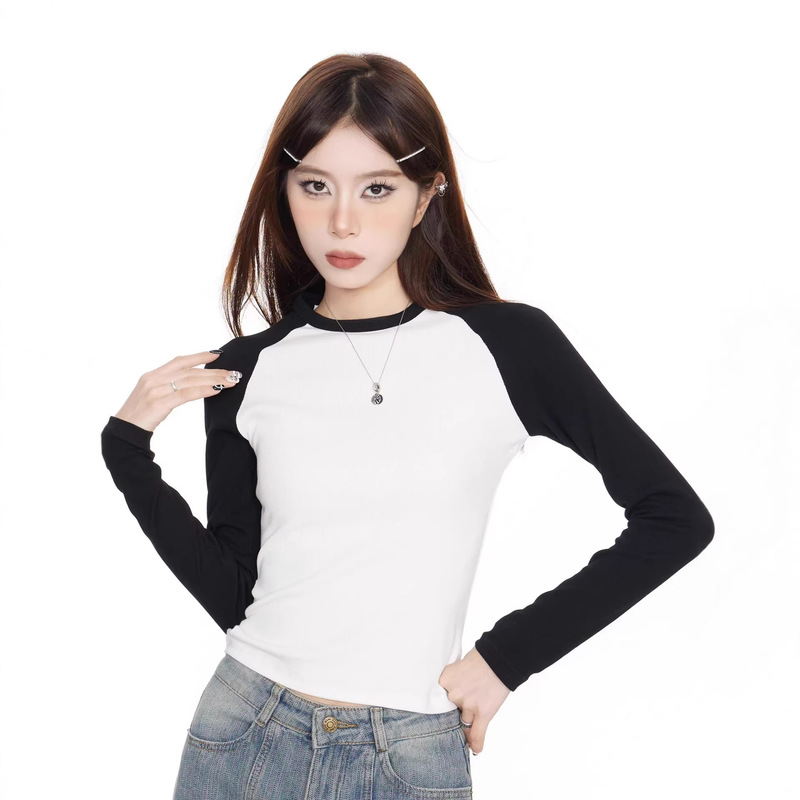 American Retro Color-Blocking Raglan Sleeve Slim-Fit Design Top Long-Sleeve T-Shirt for Women, Spring and Autumn Sports Casual Base Shirt