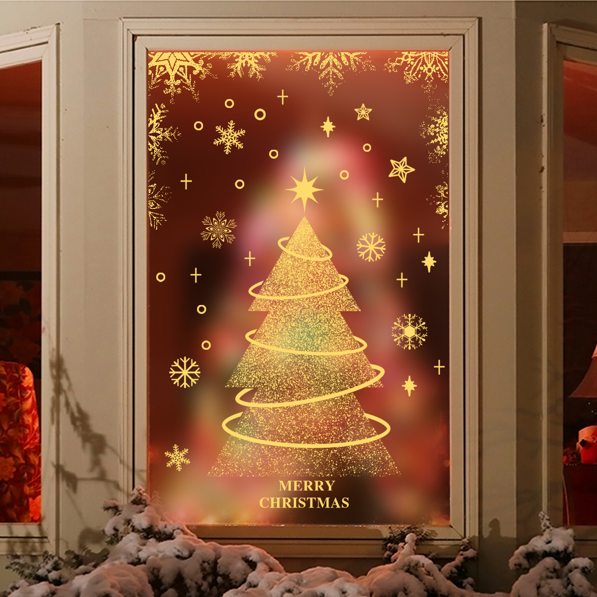 Christmas Window Wall Stickers With Golden Tree And Snowflakes_voghion.com