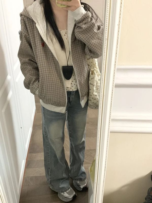 阿秋的店美式格纹双面穿拉链卫衣外套女2025春季新款宽松韩版开衫|undefined