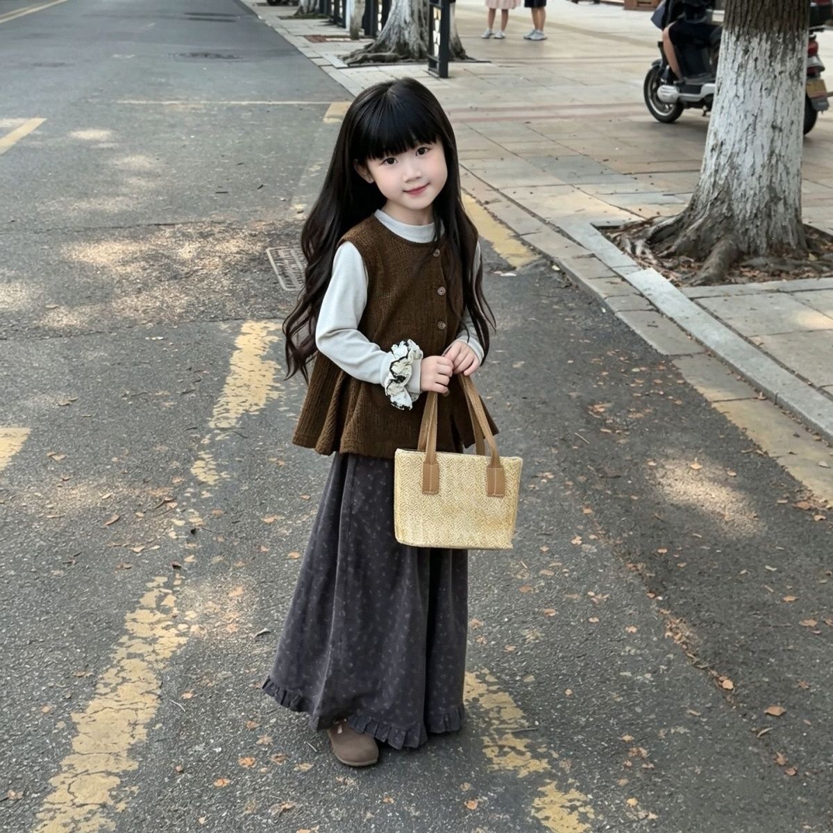 韩系女童复古套装2026春秋新款儿童甜美针织马甲打底衫秋装三件套