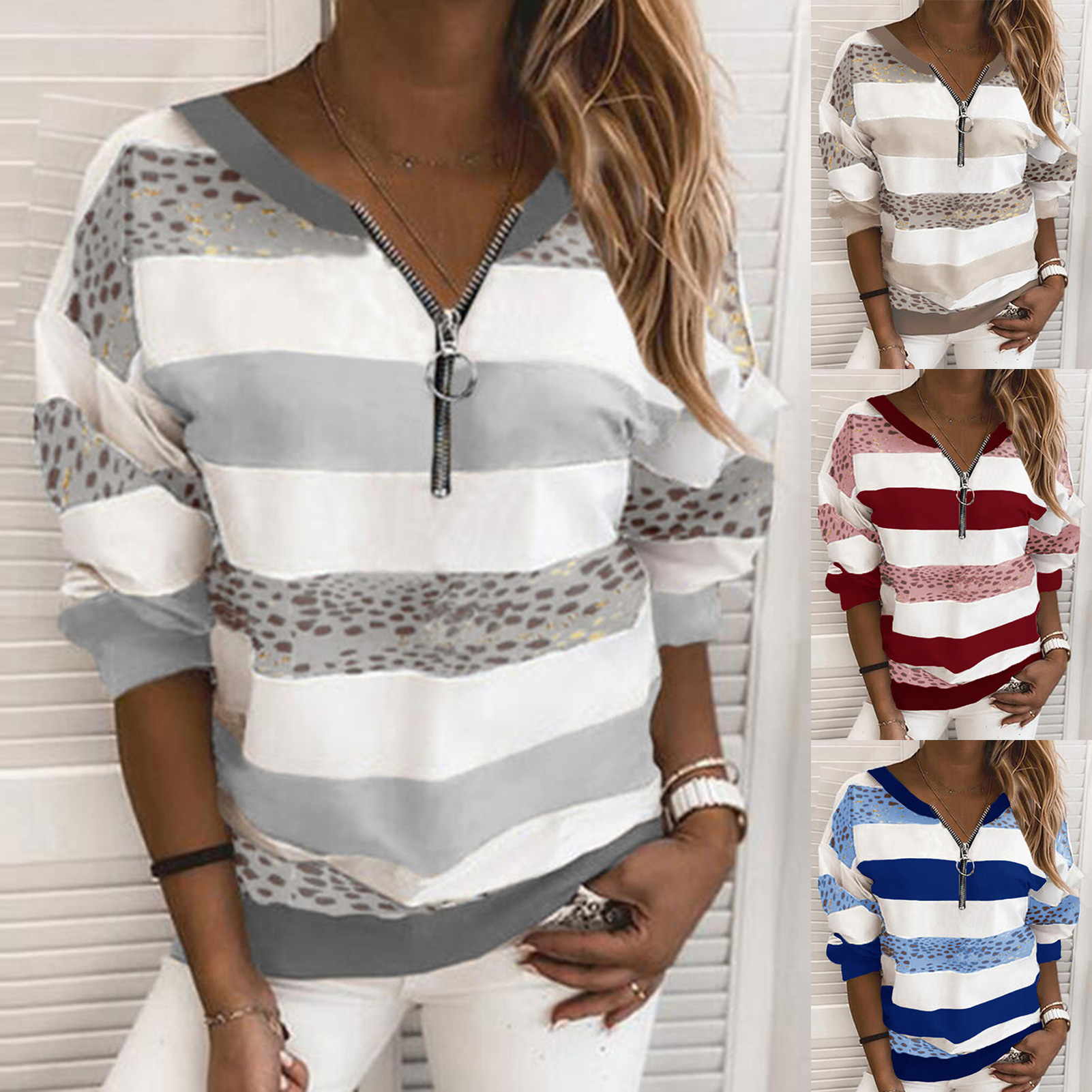V-neck Striped College Style Pullover For Women Loose Sweatshirt_voghion.com