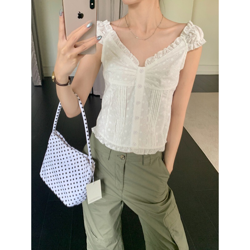Gagd Sweet and Slim-Fit Girly Ruffled Blouse Summer Sleeveless Lace Short Fresh Top for Women