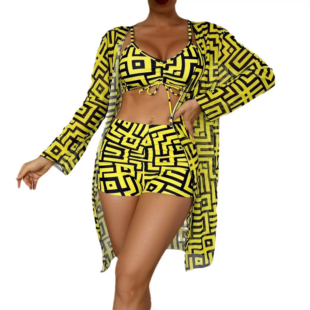跨境新款外贸比基尼三件套印花平脚裤长袖罩衫亚马逊速卖通泳衣女