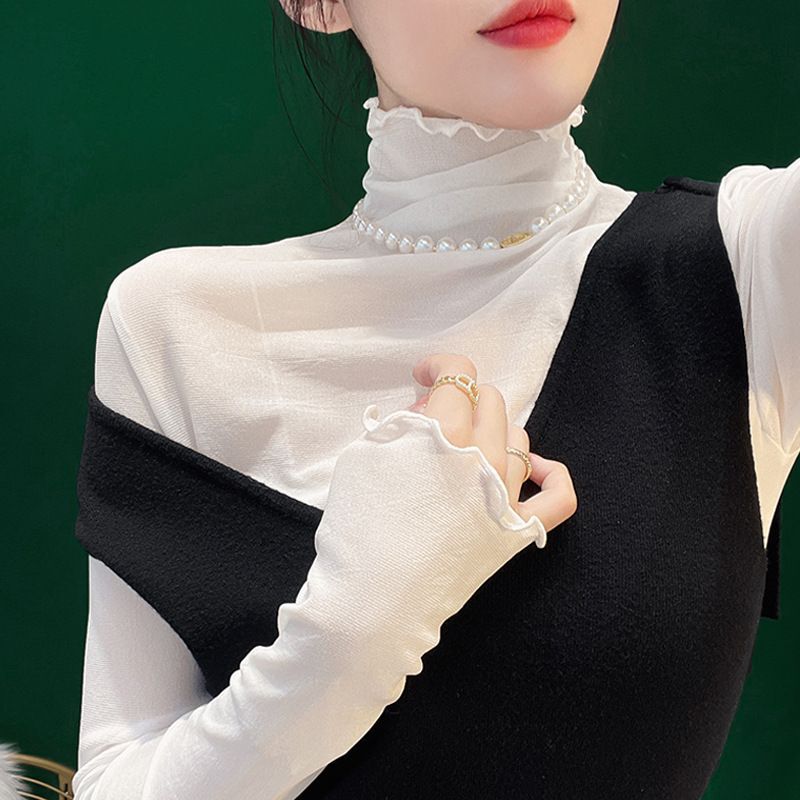 Autumn and Winter New Stylish High-Neck Lace Base Shirt for Women, Thin Long-Sleeve Layered Mesh Top with Stacked Collar Autumn and Winter New Stylish High-Neck Lace Base Shirt for Women, Thin Long-Sleeve Layered Mesh Top with Stacked Collar