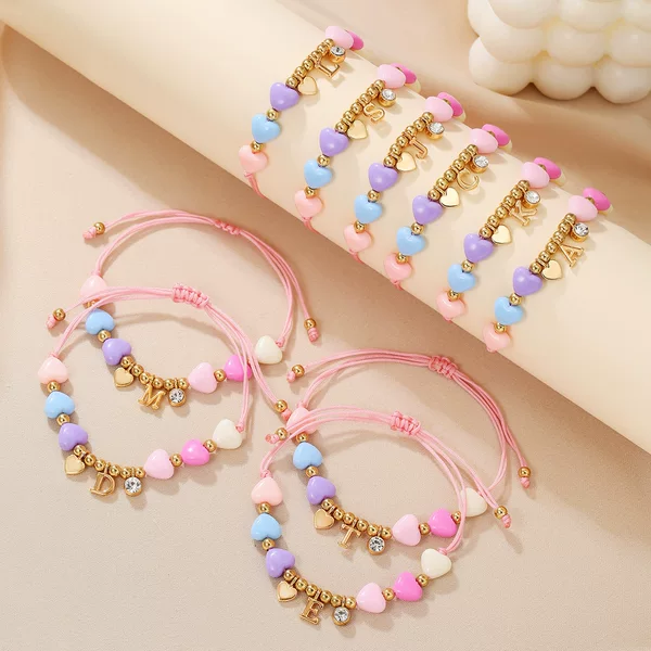 Cross-Border Cute Eco-Friendly Adjustable Colorful Handmade Beaded Heart Alloy Letter Pendant Bracelet for Children and Women