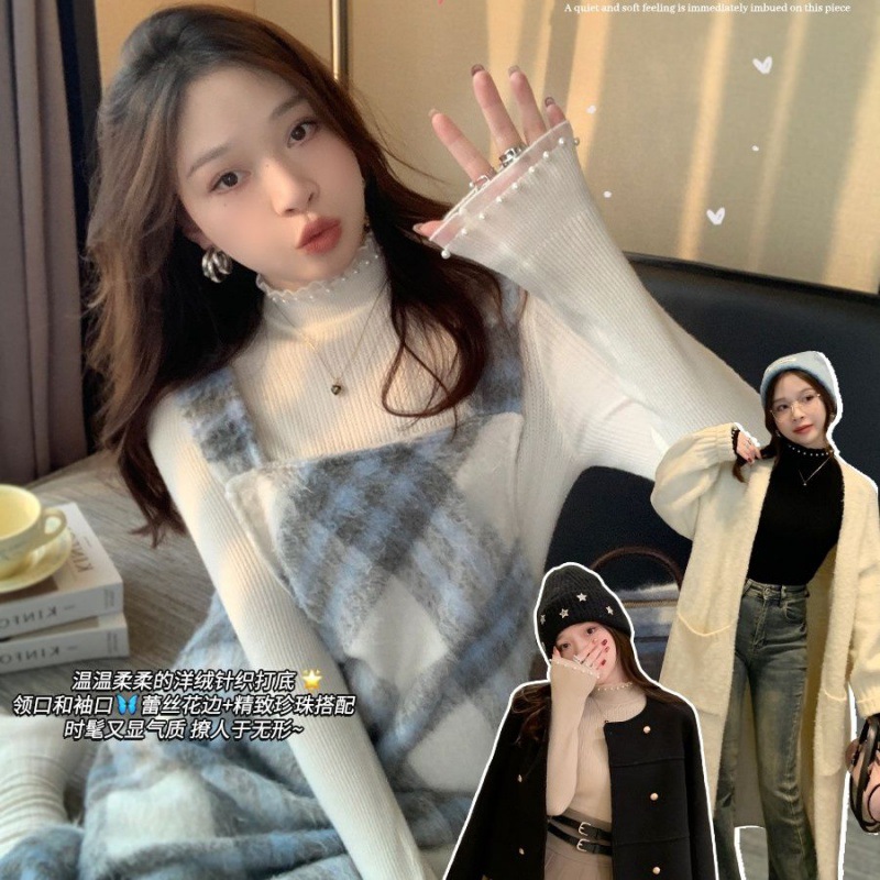 女性用レースボトムシャツ、2025年春秋新作スタイルセーター、女性用タートルネックトップ、小香風セーター