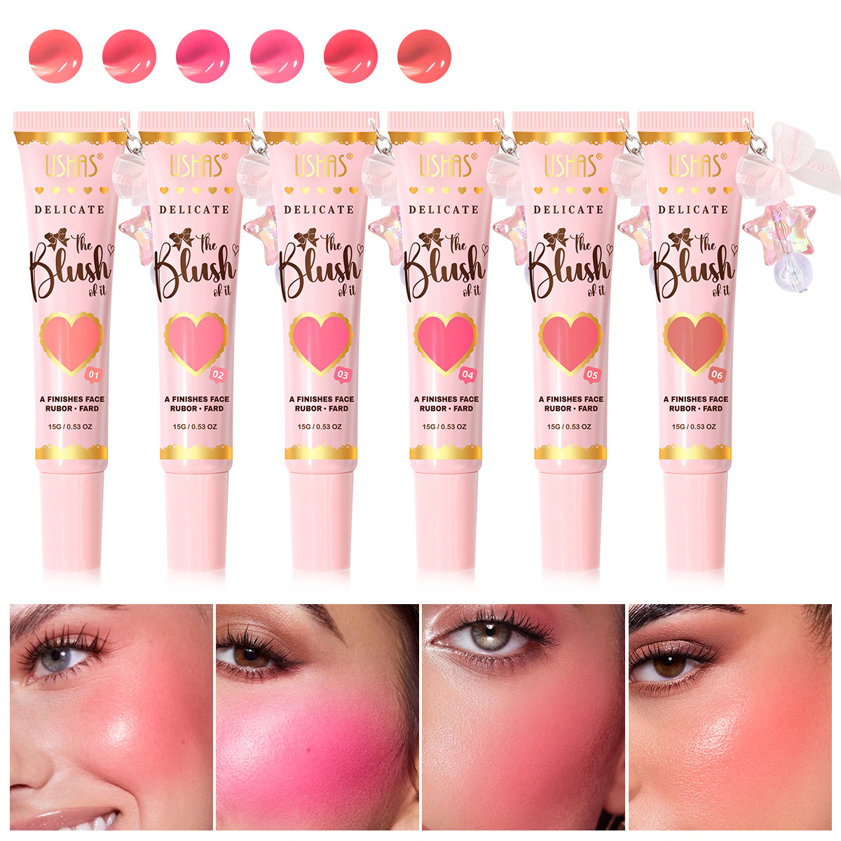 USHAS spot hot sale 6 colores manguera líquida colgante de ojos rojos sombra de ojos labios mejillas de doble uso reparador natural UBL002