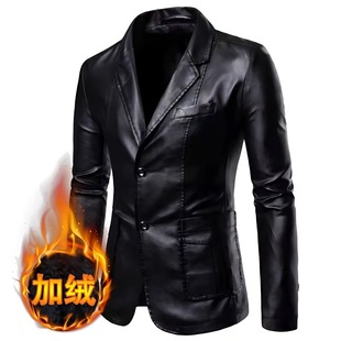 Leather Clothing Suit Collar Coat Casual Business Autumn and Winter fleece-lined New Men's Slim Fit Lapel PU Leather Small Suit Men's Clothing