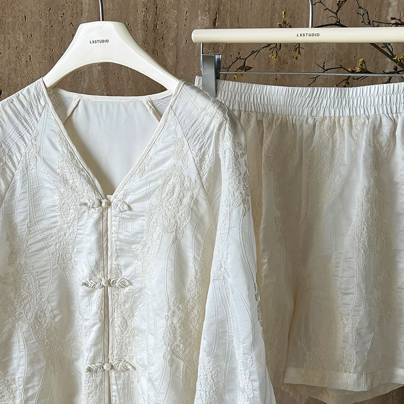 Tencel Sun Proof Two Piece Suit Crocheted Chinese Knot Button Embroidery Shirt Top Shorts Suit
