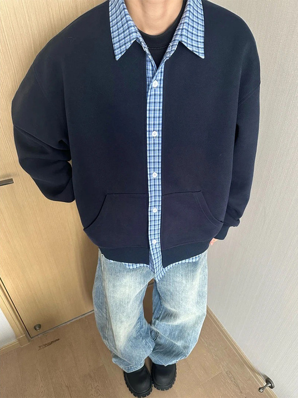 美式复古假两件卫衣开衫男款春季格子拼接cleanfit慵懒风情侣外套|undefined