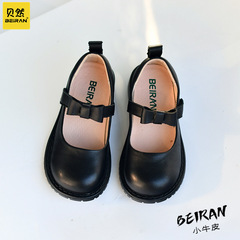 Girls' inner and outer full leather campus leather shoes black performance baby Lolita British bow Internet celebrity soft bottom