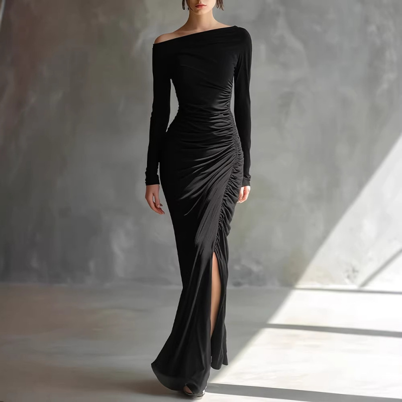 Independent Brand European and American 2026 Spring and Autumn New Women's Off-Shoulder Ruffled Long Dress with Long Sleeves, High Waist, and Tight-Fitting Evening Gown Independent Brand European and American 2026 Spring and Autumn New Women's Off-Shoulder Ruffled Long Dress with Long Sleeves, High Waist, and Tight-Fitting Evening Gown