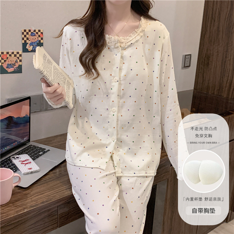 Pajamas with Breast Pads for Women Spring and Autum Cloud Cotton Round Neck Lace Cardigan Long-Sleeved Cartoon Two-Piece Suit Home Clothes