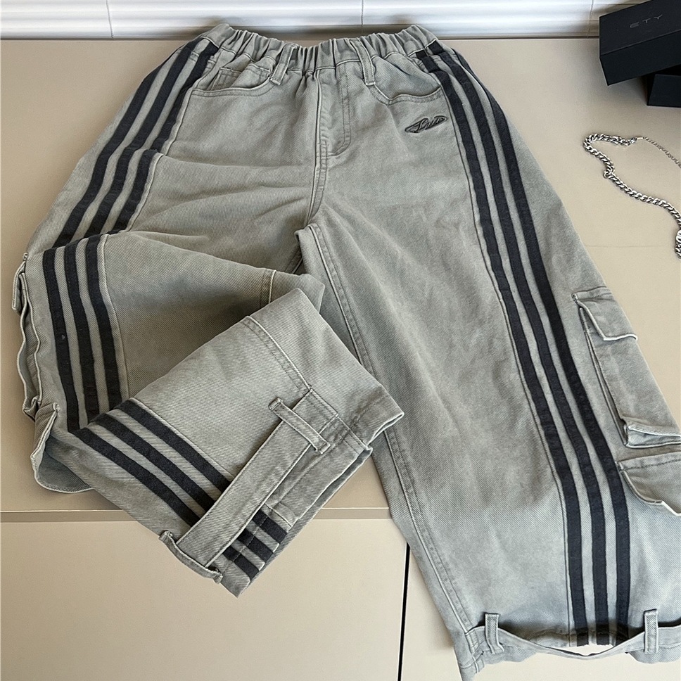 2026 Spring Children's Cargo Pants Three-Stripe Distressed Wash Korean Style Trendy Boys' Casual Soft Long Pants