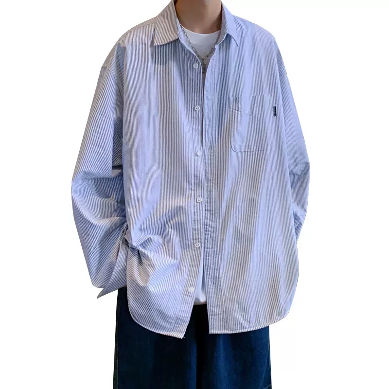 日系cityboy条纹长袖衬衫男士春秋潮流休闲衬衣宽松学生百搭外套