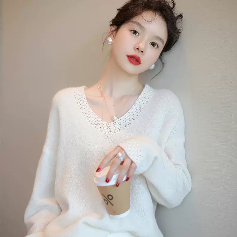 UMOOIE Fancy Loop кашемировая пряжа красивый ручной работы крючком Персиковое сердце V-образным вырезом свитер