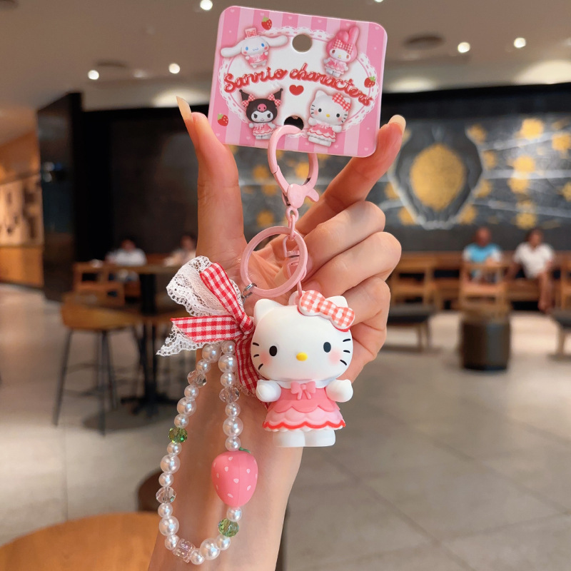 正版三丽鸥格纹草莓系列钥匙扣HelloKitty库洛米玩偶可爱包包挂饰|undefined