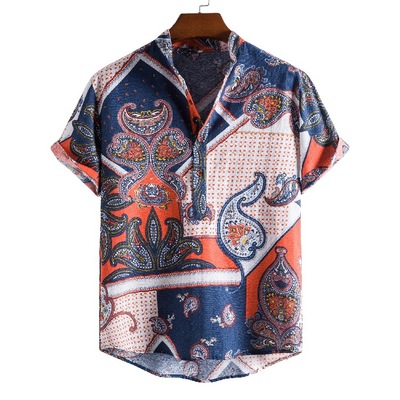 AliExpress EBAY2021 new pattern Men's Stand collar Short sleeved shirt Ethnic style printing shirt A generation of fat