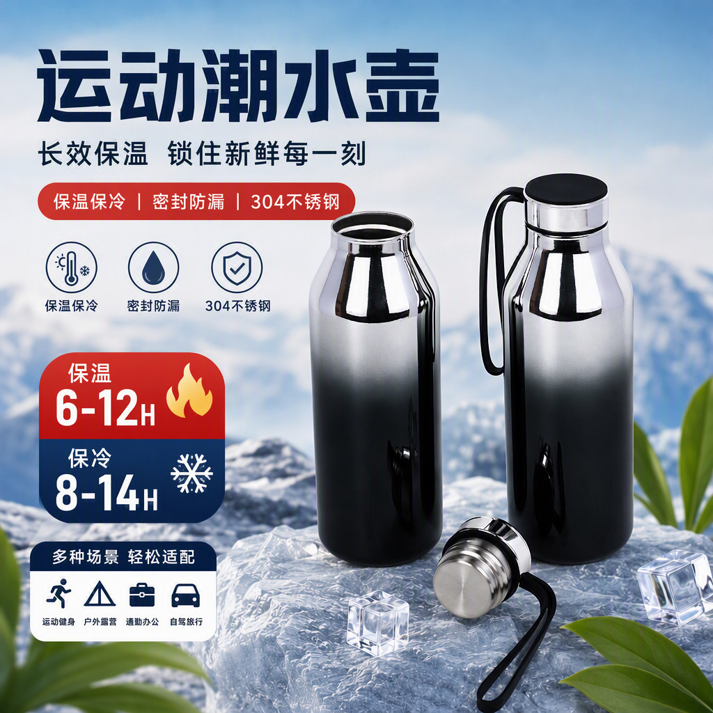 Gradient color insulated cup 304 stainless steel travel bottle 500ml high aesthetic sports water bottle portable water cup with strap