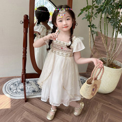 女童西域公主連衣裙夏天古風新中式裙子夏季女孩民族風短袖連衣裙