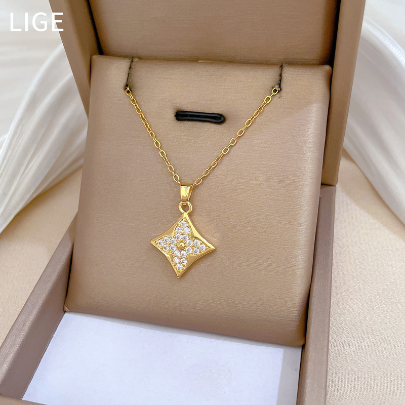 【 Titanium Steel 】 Necklace and earring set, light luxury diamond-shaped four-leaf flower full diamond, personalized and elegant banquet earrings and necklace set pic 7