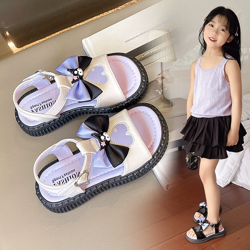 Детские босоножки с бантом для девочек, лето 2025, новые, фиолетовые, принцесса Куроми, нескользящие, пляжные