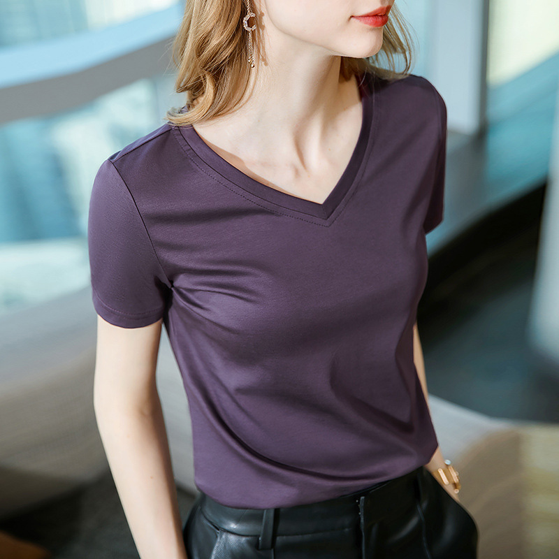 アイスフィールシルケットコットン半袖 Tシャツ女性のための 2025 新しい女性の気質 V ネック純綿 Tシャツ無地ハイエンドトップ|undefined