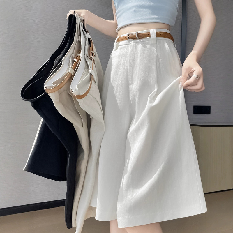 Ice Silk Linen Wide-Leg Shorts for Women, Summer Thin New High-Waisted Slimming A-Line Suit Pants, Loose Five-Point Mid-Length Shorts