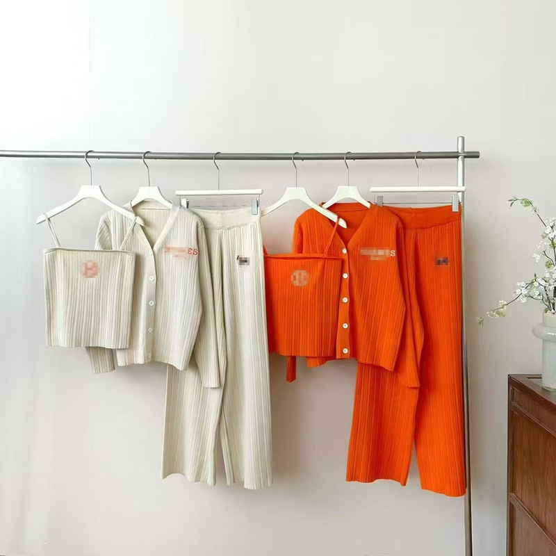 Autumn and Winter Normcore Style Embroidered V Neck Long-Sleeved Knitwear Suspender Top + High-Waist Slimming Look Wide-Leg Pants Three-Piece Set for Women