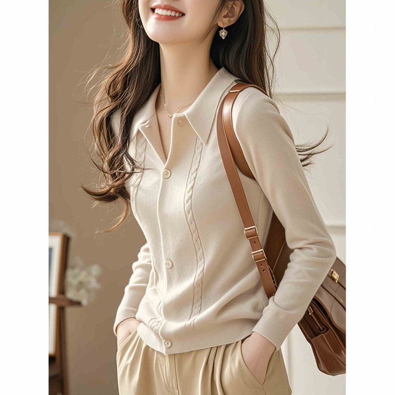 프랑스 젠틀 하이 엔드 폴로 칼라 긴팔 니트 2024 가을 및 겨울 새로운 외국 스타일 틈새 복장 탑