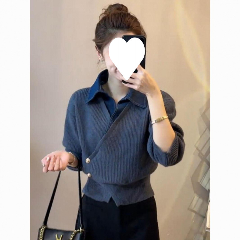 가을 작은 착용 슬리밍 패션 새로운 가을과 겨울 짧은 니트 카디건 스웨터 올 매치 데님 스티칭 탑