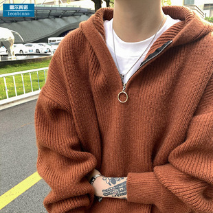 Half-Zip Hooded Knitwear for Men in Winter, Loose Trendy Brand Lazy Style Knitwear for Couples, Pure Color Simple Casual Knitwear