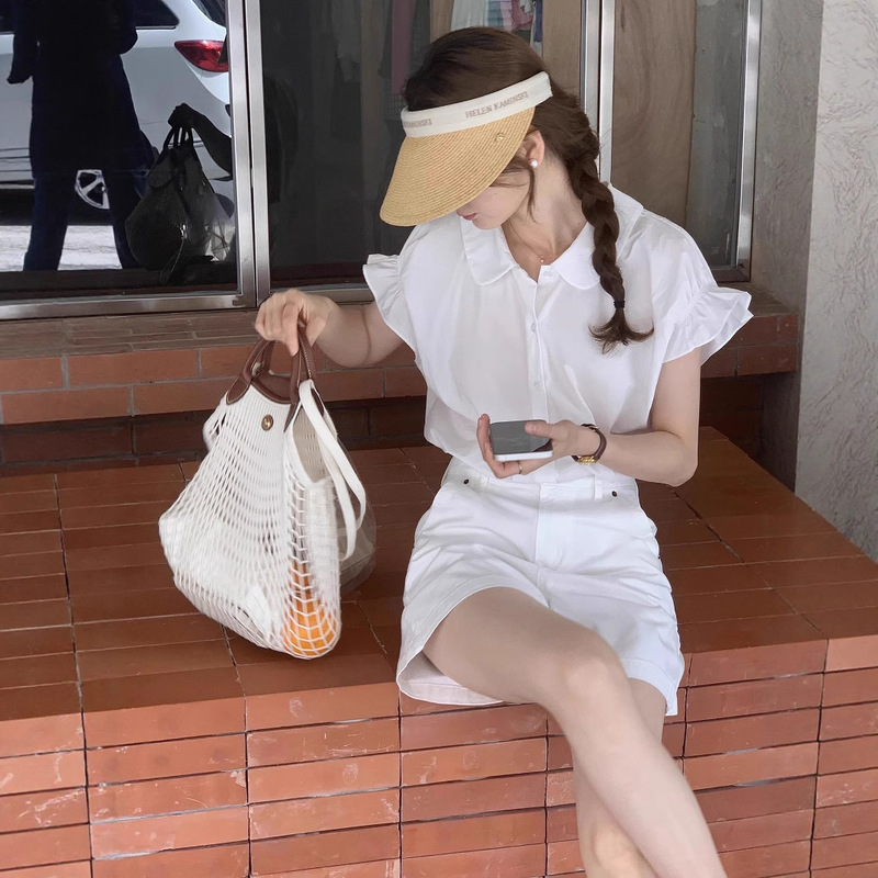 Xiao Fei Sleeve White Shirt Women's Summer Short Sleeve Doll Collar Small plus size Bubble Sleeve Short Shirt Top