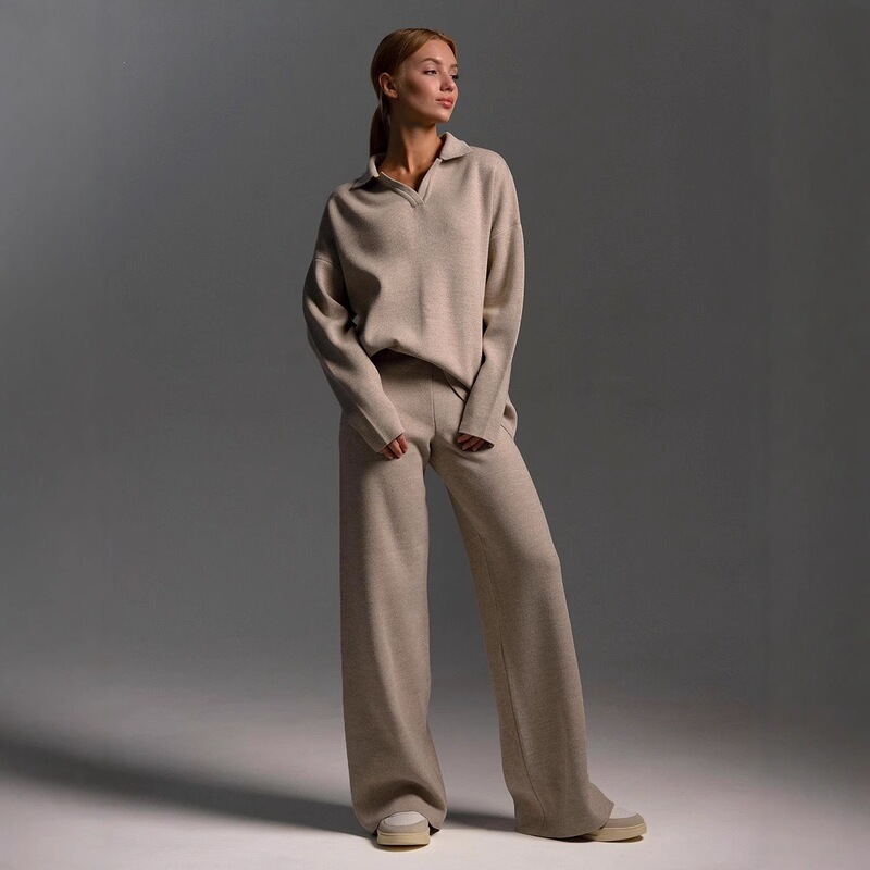 2026 New Cross-Border European and American Autumn and Winter Polo Collar Casual Fashion Pullover + Wide-Leg Pants Two-Piece Set for Women 2026 New Cross-Border European and American Autumn and Winter Polo Collar Casual Fashion Pullover + Wide-Leg Pants Two-Piece Set for Women