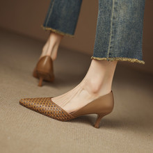 头层牛皮复古编织细跟单鞋女 大爆款尖头气质浅口通勤中跟女鞋