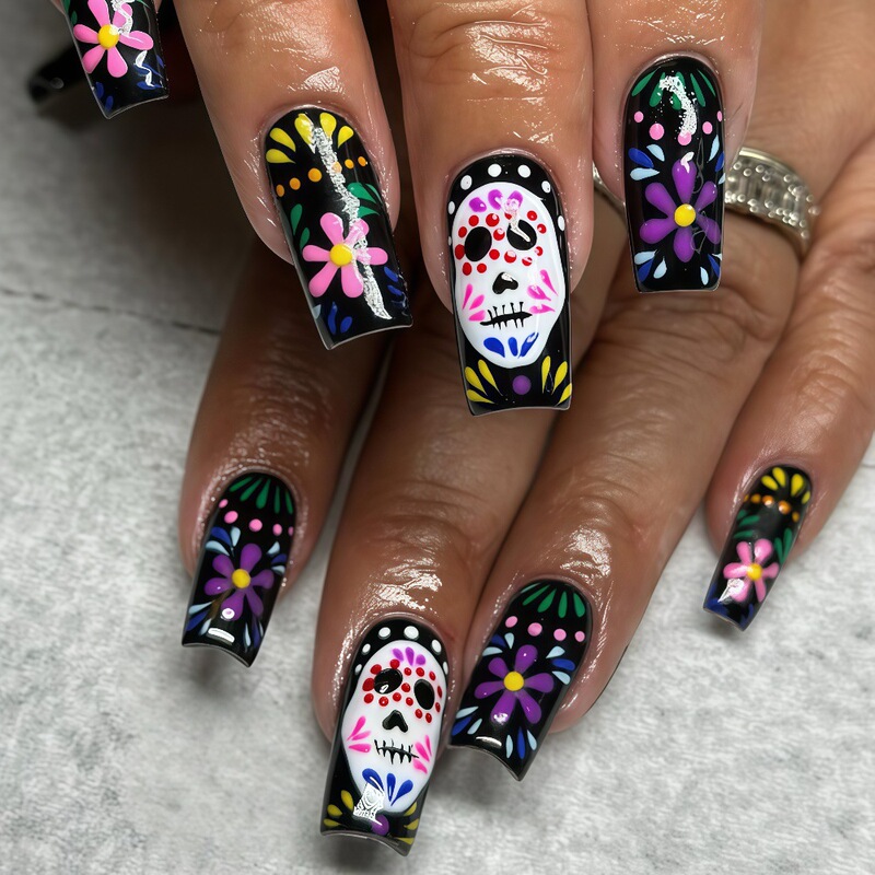 Halloween Day of the Dead Sugar Skull Manicure Medium Length European Square Wearable Nails Nails Drawing Fake Nails Tb-88