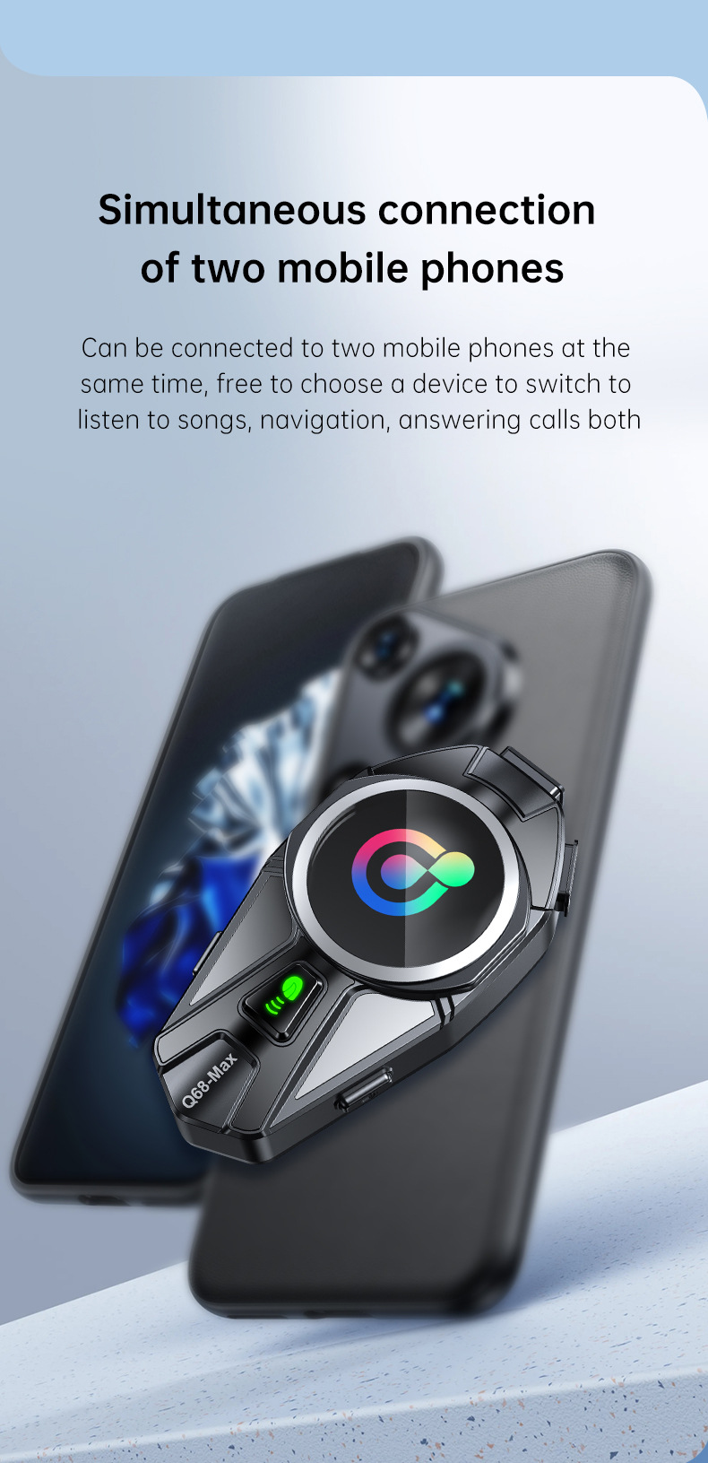 Q68Max Cross-Border Popular Helmet Bluetooth Headset with Mixed Sound Music Sharing, Full-Color Screen, Fm Intercom Helmet Headset