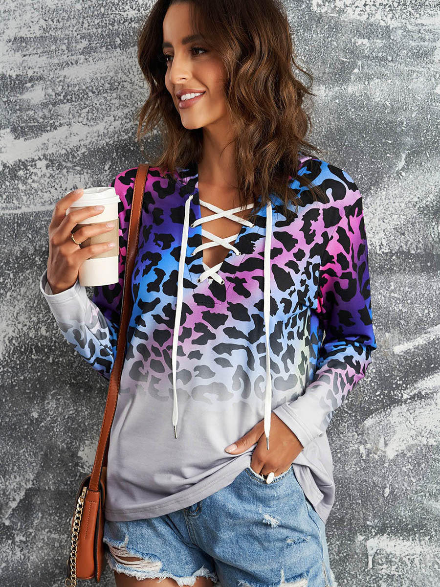 Winter New Gradient Color Sweatshirt For Women Trendy Leopard Print Tie Pullover Hoodie_desvips.com