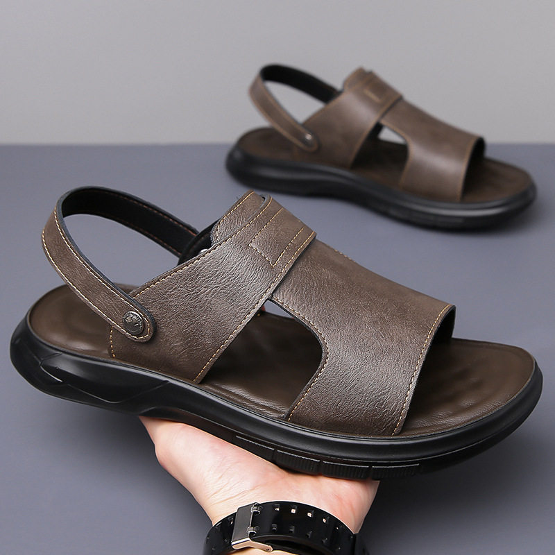 Dép sandal nam đế dày đúc phun, đế mềm chống trượt, hở ngón khoét lỗ thoáng khí đi biển — Màu nâu, màu xám, màu đen