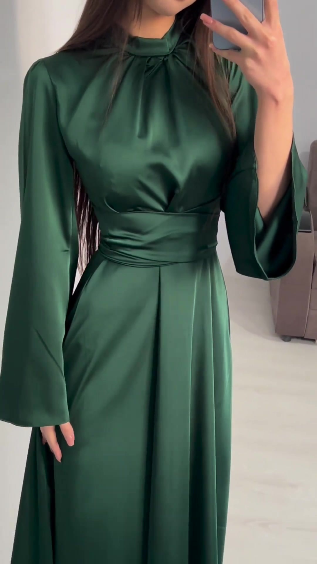 Women's Dress Long Sleeve Slim Fit Waist Strap Solid Colour Autumn_voghion.com