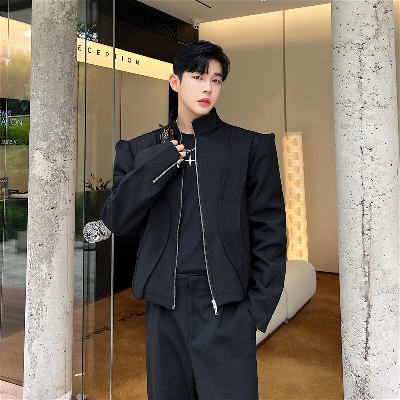 Designer style high street fashionable profile shoulder pad deconstructive short jacket men's bubble sleeve stand collar workwear functional jacket