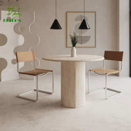 设计师餐厅圆桌家用轻奢高档酒店样板间大理石侘寂风天然洞石餐桌