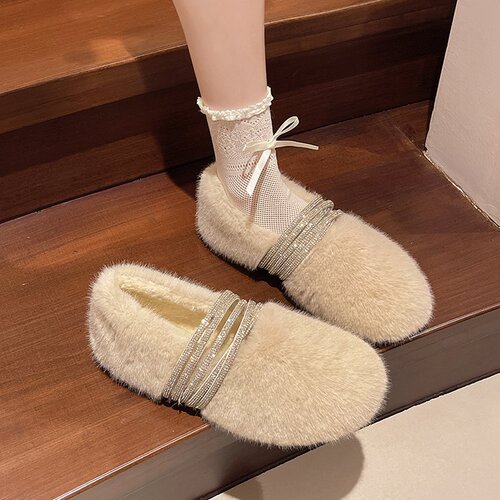 One-Pedal Moccasin Shoes - Autumn/Winter New Water Diamond French Perfume Style Outer Worn Cotton Shoes with High-End Warm Felted Head Slip-On Shoes