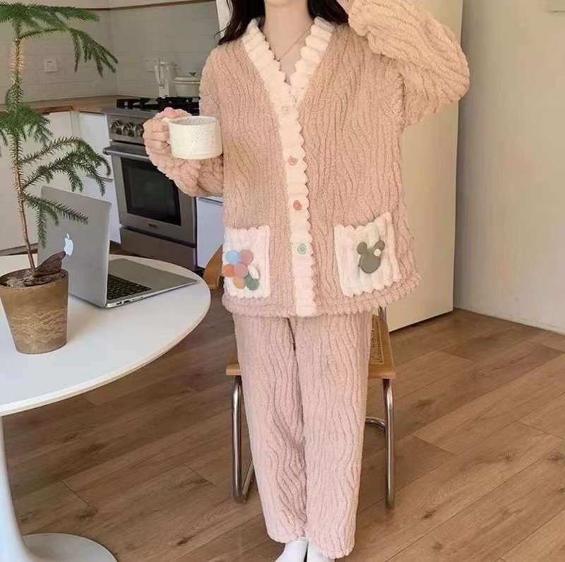 秋冬季珊瑚绒睡衣套装女加绒加厚家居服时尚可外穿法兰绒开衫睡袍|undefined