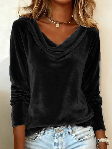 Elegant Women's Fashion New Solid Color V-Neck Long Sleeve Sexy Velvet T-Shirt