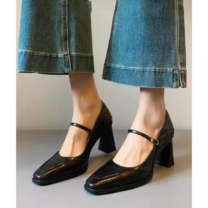 Spring and Autumn Retro Shallow-Mouthed Women's French High-Heeled Mary Jane Shoes with Small Square Toe Thick Heels Genuine Leather Women's Shoes